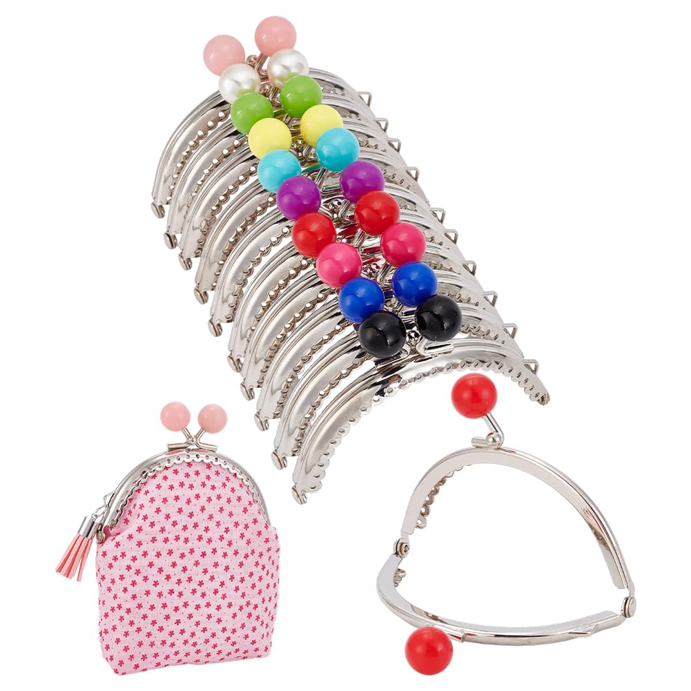 PandaHall Elite 10 pcs Iron Purse Frames Handles, Kiss Clasp Locks For Bags with Round Acrylic Beads, Arch Shape, Platinum Color, 68x85-87x11mm, Hole: 1.5mm