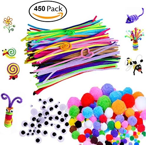 Willcomes Creative 450 Pieces Pipe Cleaners Set, Including 200 Pcs Pom Poms, 150 Pcs Self-sticking Wiggle Googly Eyes and 100 Pcs Chenille Stems for Craft and Hobby Supplies