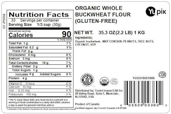YUPIK ORGANIC GROUND BUCKWHEAT FLOUR 2.2 LB (35.2 OZ), USDA CERTIFIED, GLUTEN-FREE, RAW, VEGAN, KOSHER, NON-GMO, FINELY GROUND, IDEAL FOR BAKING, BATTERS, & COOKING