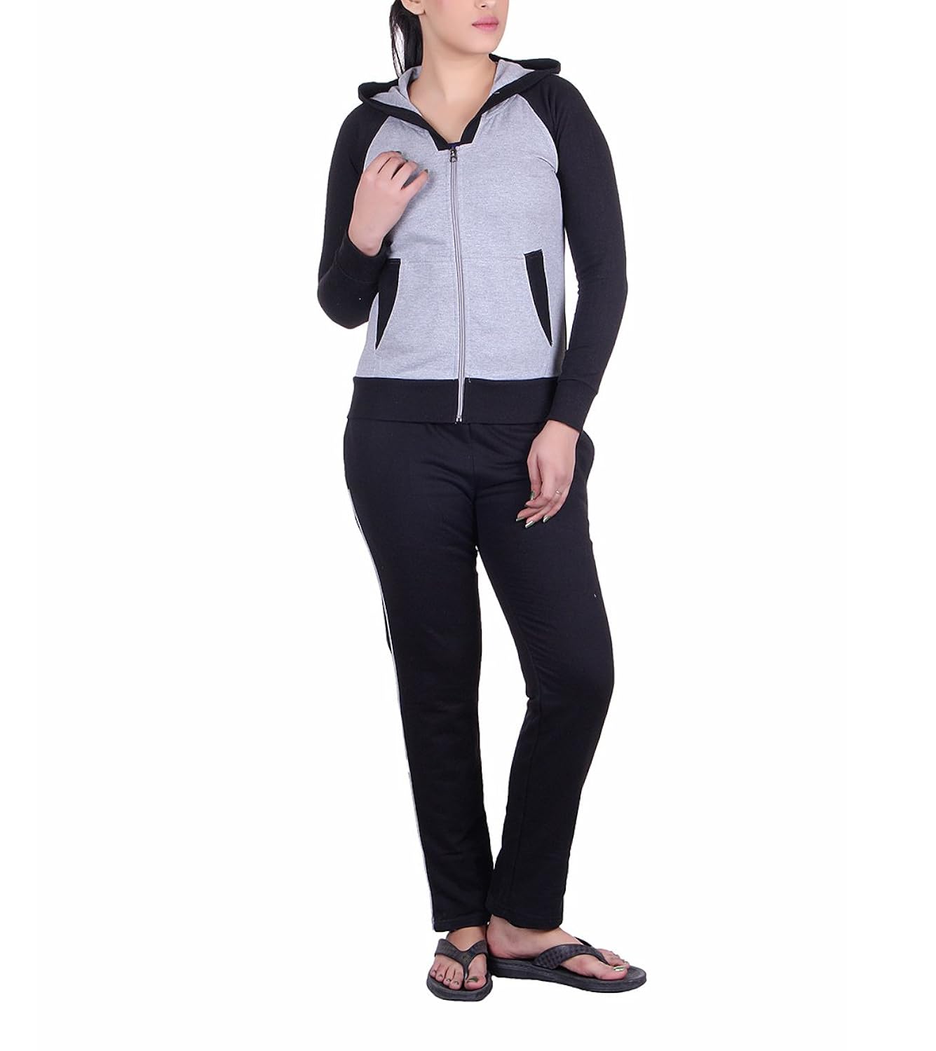 vivid bharti women's fleece black grey tracksuit (xl) - 3 piece
