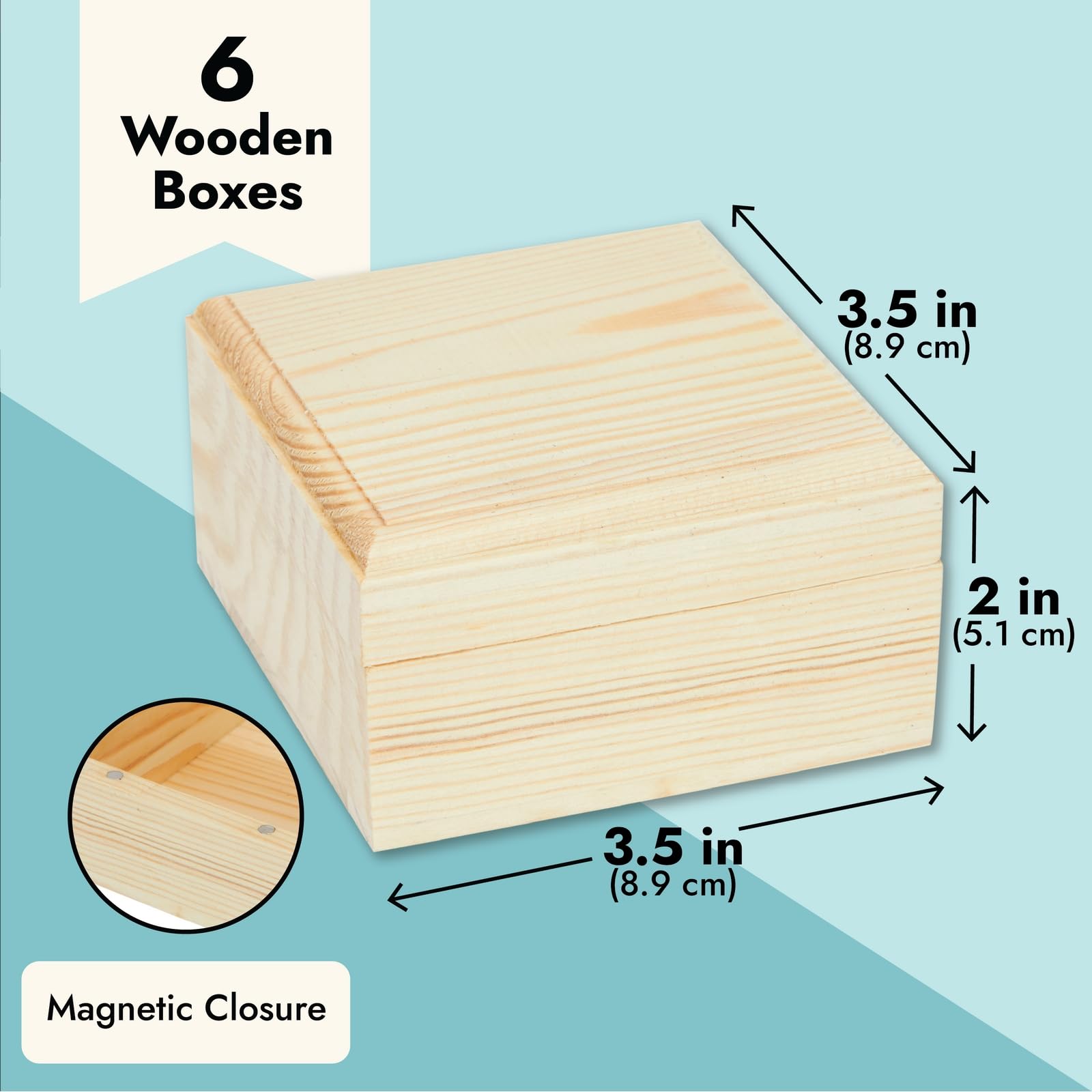 Bright Creations Wooden Box Set with Hinged Lids - 6-Pack, 3.5 x 3.5 x 2 In, Pinewood - Unfinished Boxes with Lids for Crafts & Paintable DIY Storage with Magnetic Closure for Jewelry & Craft Supplies