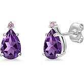 Gem Stone King 14K White Gold Purple Amethyst and Pink Lab Grown Diamond Stud Earrings for Women | 1.60 Cttw | Gemstone February Birthstone | Pear Shape 8X5MM