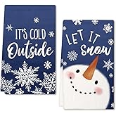 DineDia Snowman Christmas Kitchen Towels Set of 2,Blue Snowflake Let It Snow Winter Dish Hand Towels Holiday Home Indoor Bathroom Party Seasonal Noel Decorations DD013