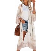 Bestshe Women's Floral Kimono Cardigan | Lightweight Bohemian Fringe Beach Cover Up, Loose Open Front Summer Top