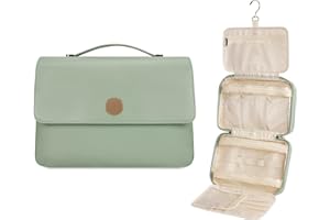 WANDERING NATURE Toiletry Bag for Women, Hanging Travel Makeup Organizer with 4 Compartments, Pu Leather Waterproof Toiletry Cosmetic Bag for Full Sized Toiletries Green