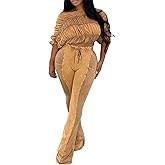 LKOUS Women's Casual 2 Piece Set Color block Lantern Sleeve Crop Top Bodycon Bell Bottoms with Pockets