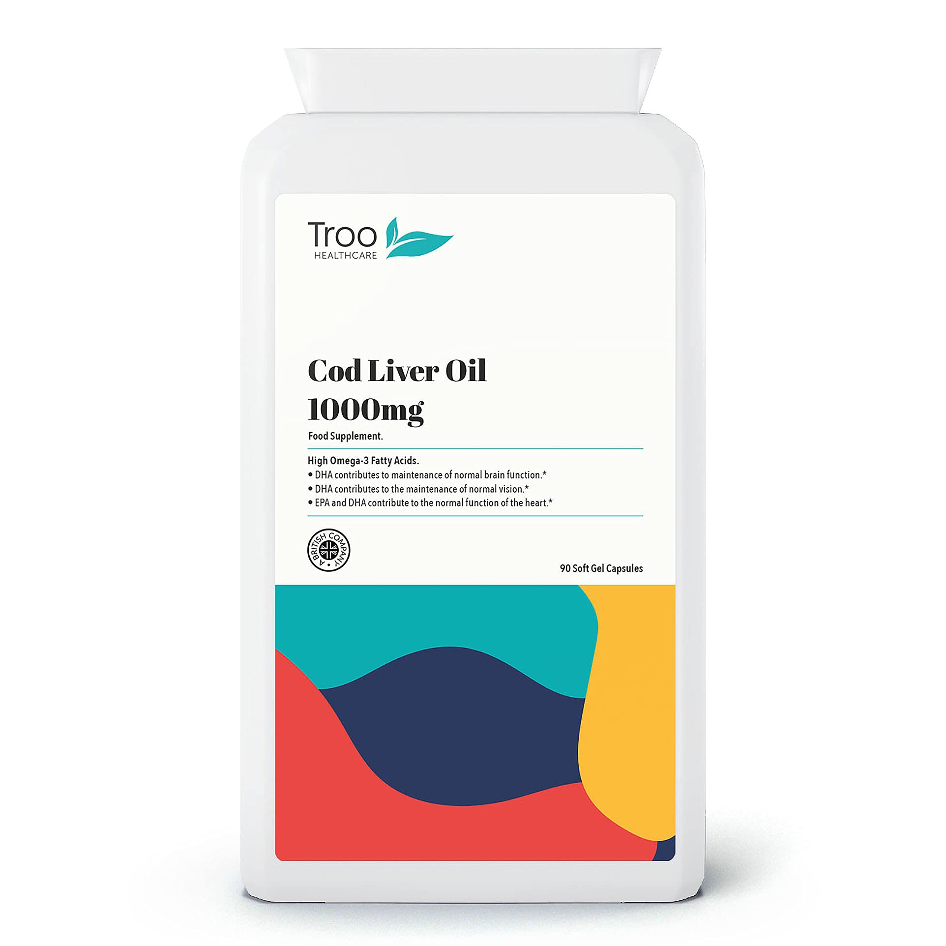 Troo Health Care Cod Liver Oil Supplement 1000mg - 90 Soft Gel Capsules - Daily Omega 3 Supplement with DHA and EPA Essential Fatty Acids to Support Normal Function of The Heart, Brain and Eyes