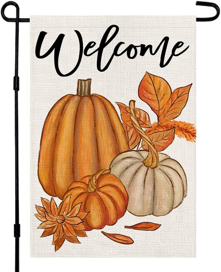 Flags - Fall Pumpkin Welcome Garden Flag 12x18 Inch Burlap Vertical Double Sided, Autumn Thanksgiving Yard Outside Decoration DF095