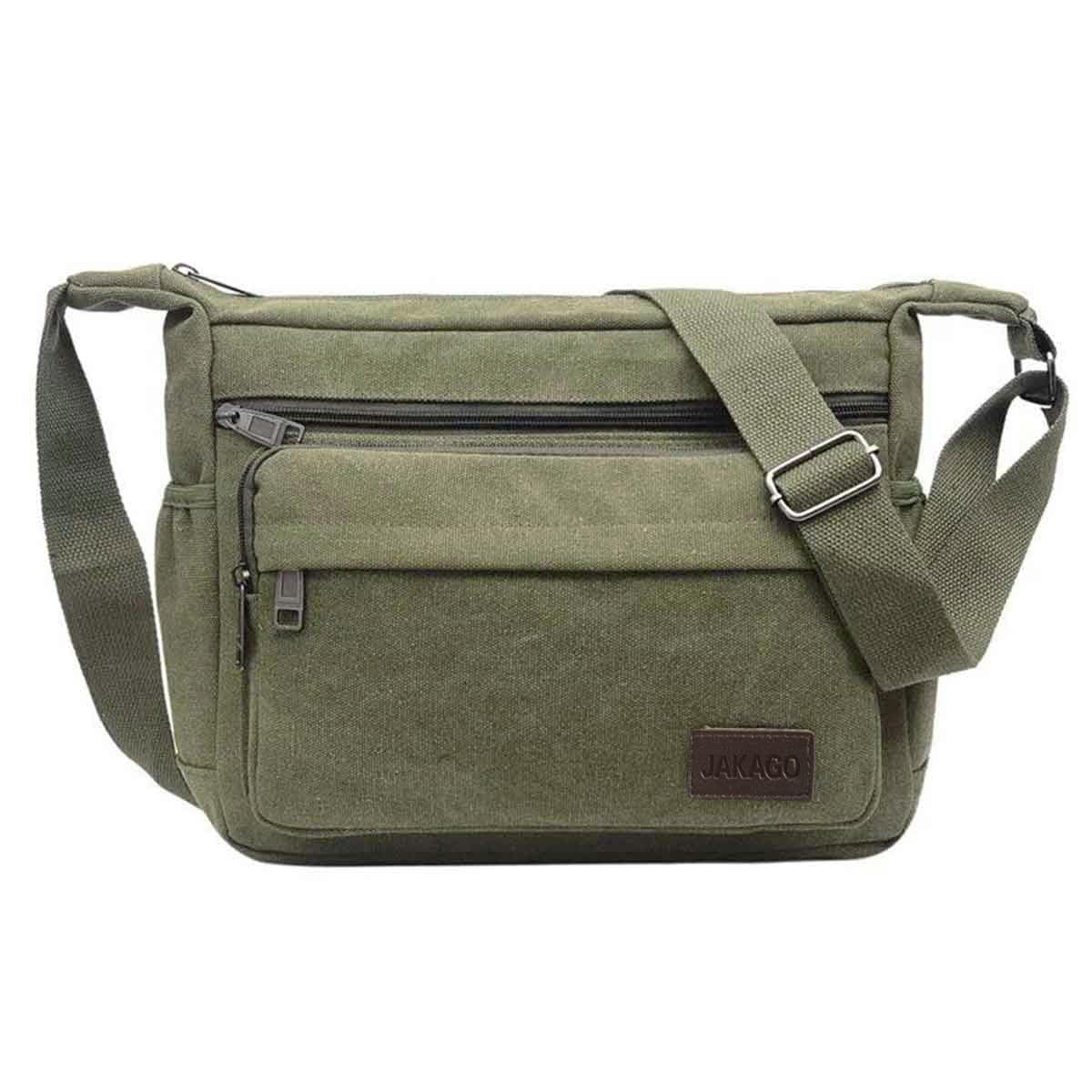 JAKAGO Messenger Shoulder Bag 13 Inch, Multi Pockets Canvas Crossbody Bag for Men/Woman,Casual Lightweight Satchel for Travel Outdoor Hiking Working Daily Use (Green)