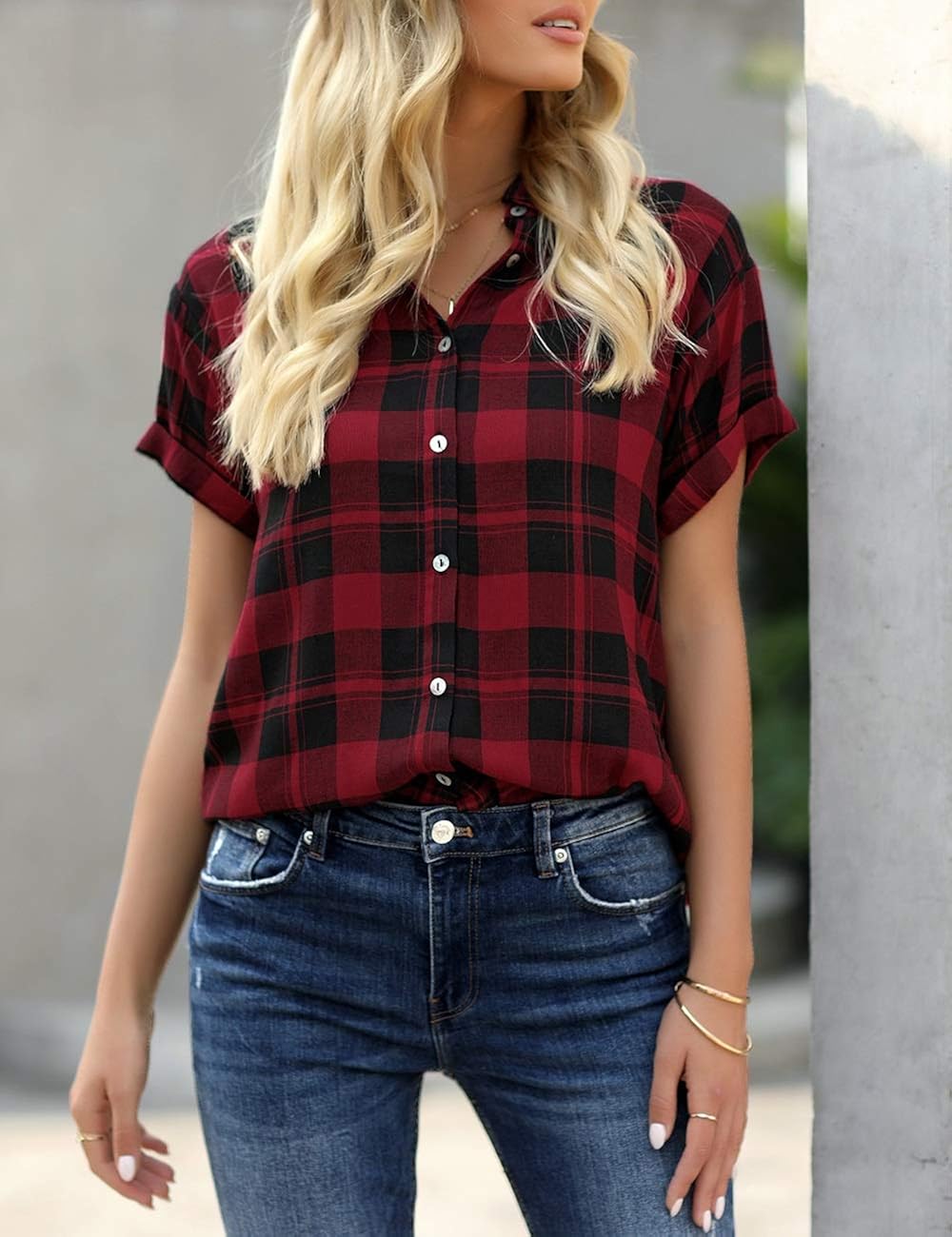 Uqnaivs Women's Classic Short Sleeve Plaid Shirt Button Down Collared Loose Tops: Clothing