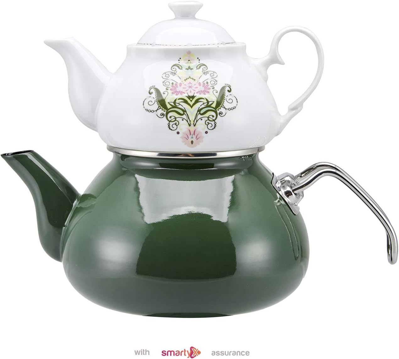 Porcelain Enamel Turkish Teapot - Nostalgic Retro Design Samovar Kettle Midi Size 1.1 Lt (Green)