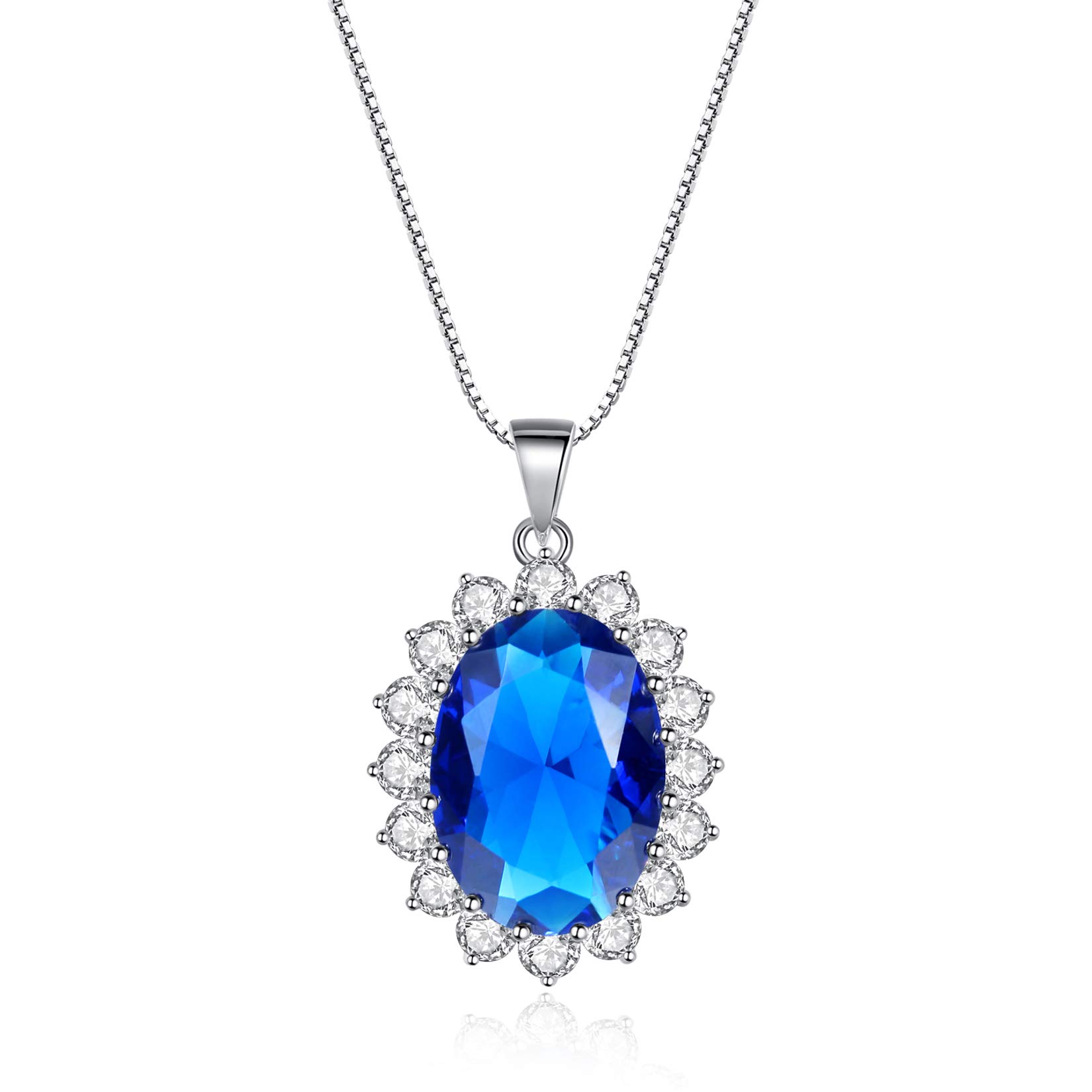 VIKI LYNN 925 Sterling Silver Synthetic Blue Sapphire Necklace with 3A Cubic Zirconia Halo Engagement Necklace for Women