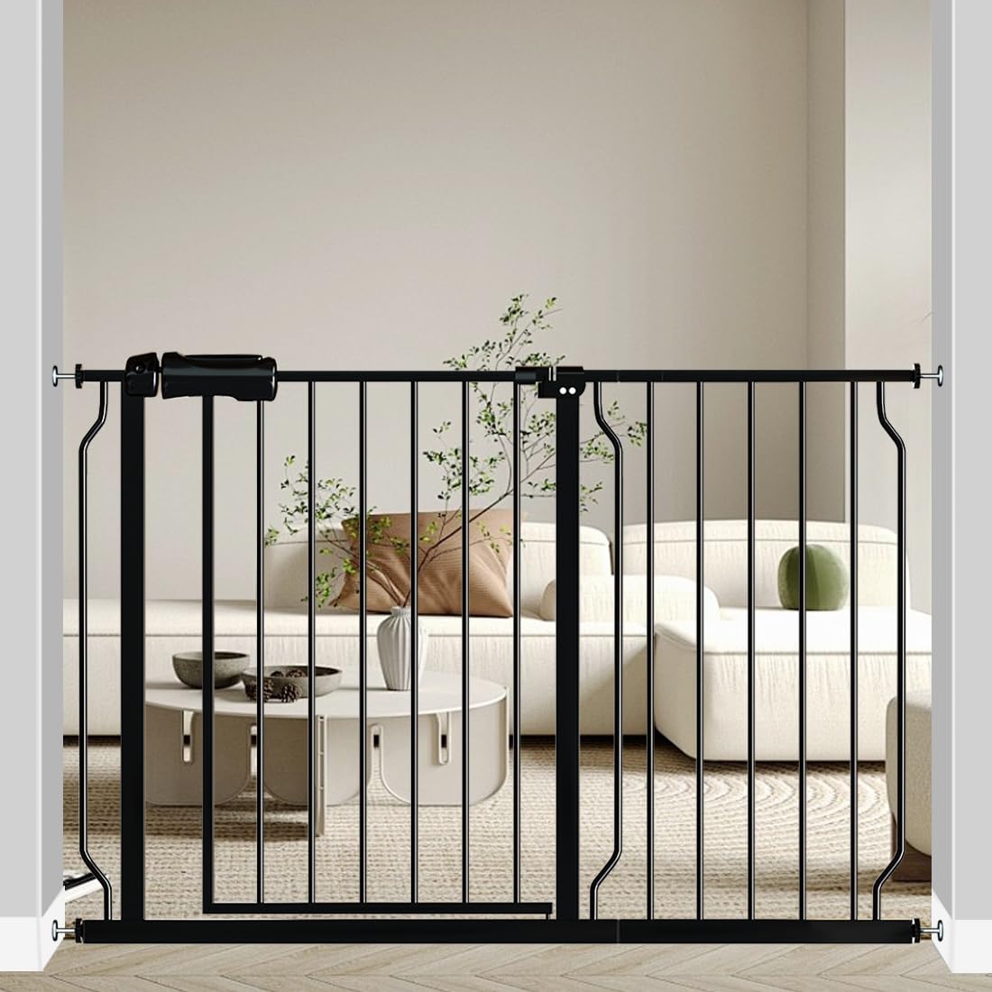 Fairy Baby Walk Through Baby Gate 43.5-48 Inch Wide for Stairs, Pressure Mounted Safety Gate with Door No Drill, Black Tension Metal Gate for Dog and Toddler Image