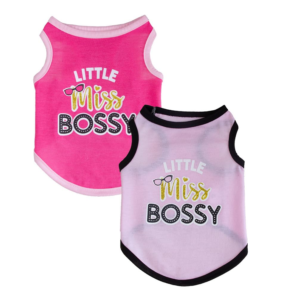 2 Pack Dog Clothes, Printed Miss Bossy Pet Vest T-Shirt Dog Clothing Costume for Cats Puppy Small Dogs Medium Dogs (Pink, XS)