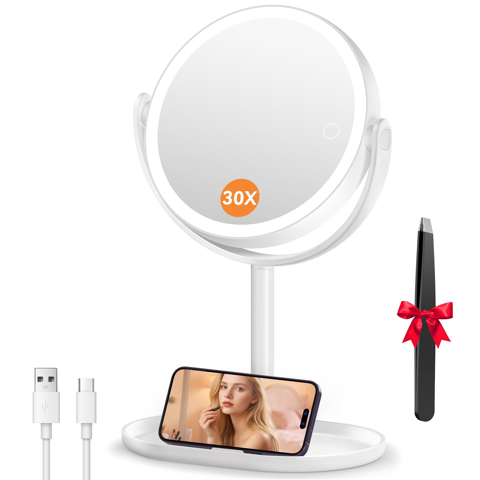 Photo 1 of Auxmir Makeup Mirror with Lights, Double Sided 30X/1X Magnifying Mirror, 3 Color Stepless Dimmable Mirrors with Touch Screen, Rechargeable 360° Free Standing Vanity Mirrors for Bathroom, Bedroom