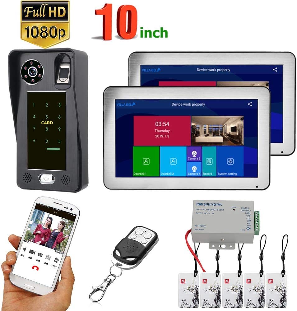 YUYUKUAILAI 10 inch 3 Monitors WiFi Wireless Fingerprint IC Card Video Door Phone Doorbell Intercom System with Wired AHD,2