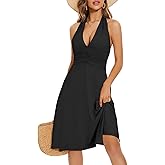HUHOT Women's Summer Sundress Sleeveless Halter Neck Spring 2025 Floral with Pocket Elastic Waist Ruffle Mini Dresses