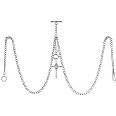 TREEWETO Men's Double Albert Chain Pocket Watch Curb Link Key Chain 3 Hooks with Antique Cross Pendant Design Charm Fob T Bar