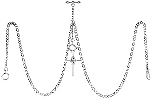 TREEWETO Men's Double Albert Chain Pocket Watch Curb Link Key Chain 3 Hooks with Antique Cross Pendant Design Charm Fob T Bar
