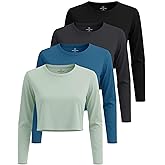 Real Essentials 4 Pack: Women's Cotton Long Sleeve Crew Crop Top - Casual Cropped T-Shirt (Available in Plus Size)