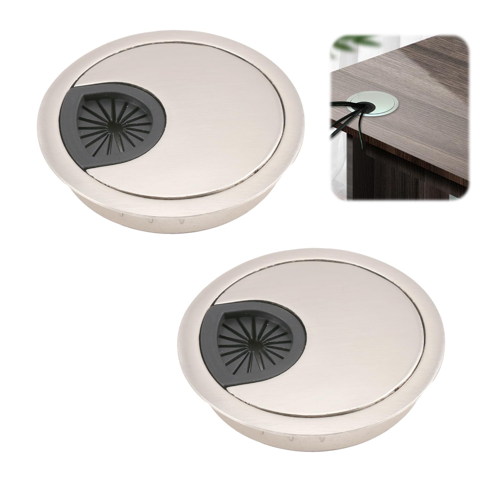 2 Pack 80mm Desk Grommet Kit,Zinc Alloy Desk Hole Covers,Computer Desktop Grommets Cable Management Wire Organizers,Round Table Cable Hole Cover for Home Office,Brushed Silver