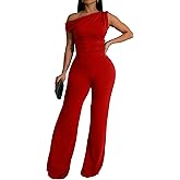 GOKATOSAU Women's One Off Shoulder Sleeveless Ruched High Waist Long Wide Leg Pants Jumpsuit