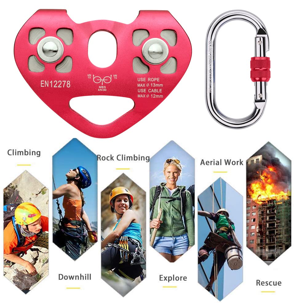 Youngneer Zipline Trolley Kit with 25kN Carabiner Double Tandem Dual Pulley for 1/4 5/16 3/8 1/2