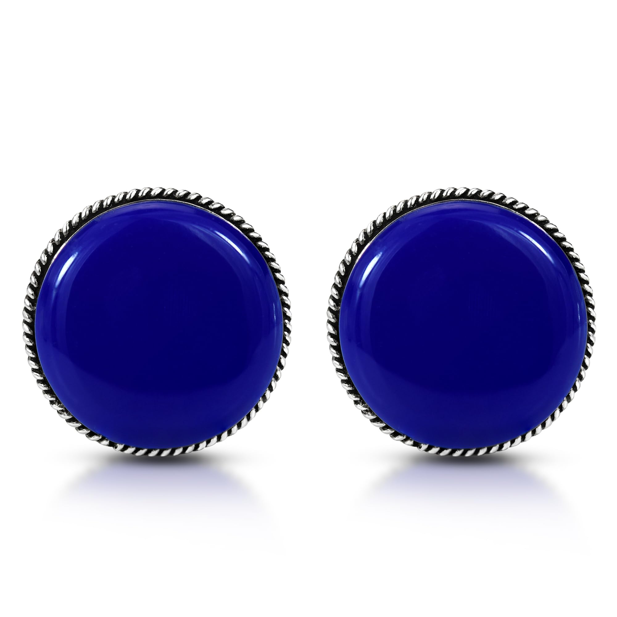 Classic 16mm Round Swirl Simulated Blue Lapis Lazuli Botton .925 Sterling Silver Clip On Earrings