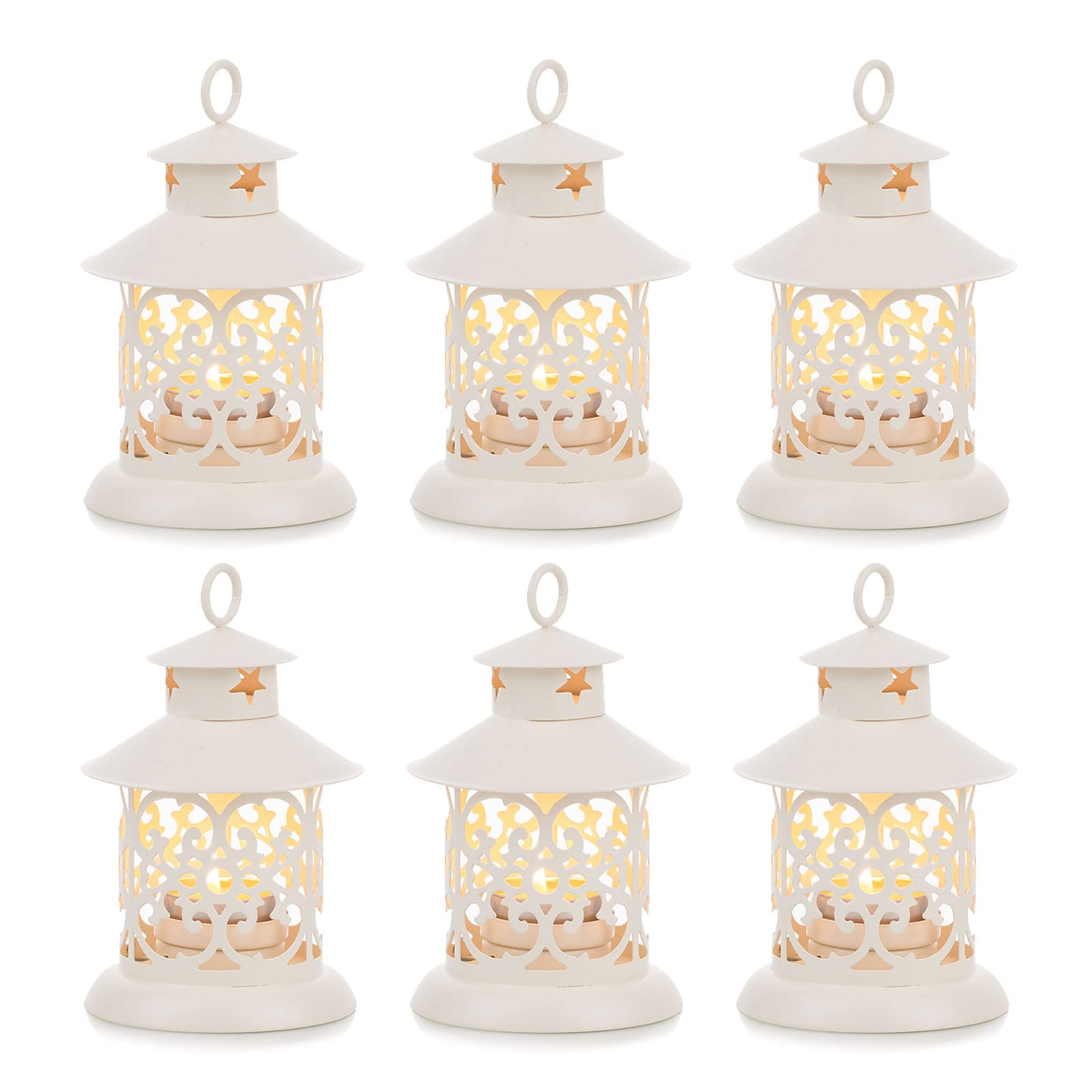 Romadedi Tealight Candle Holders Decorative Lantern - 6pcs Vintage White Mini Hanging Lantern for Tea Light Candle Decor Wedding Centrepiece Coffee Dining Table Shelf Outdoor Christmas