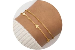 Turandoss 14K Gold Plated Bracelets for Women, Dainty Clover Heart Cross Butterly Evil Eye Cubic Zirconia Clover Flower Stackable Bracelet Set, Cute Birthday Gifts for Women Girls Jewelry