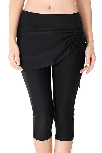 Haines Badehose Damen Schwimmhose Capri Schwimm Leggings Mit Rock Sonnenschutz Tights Sporthose Knielang Badeshorts