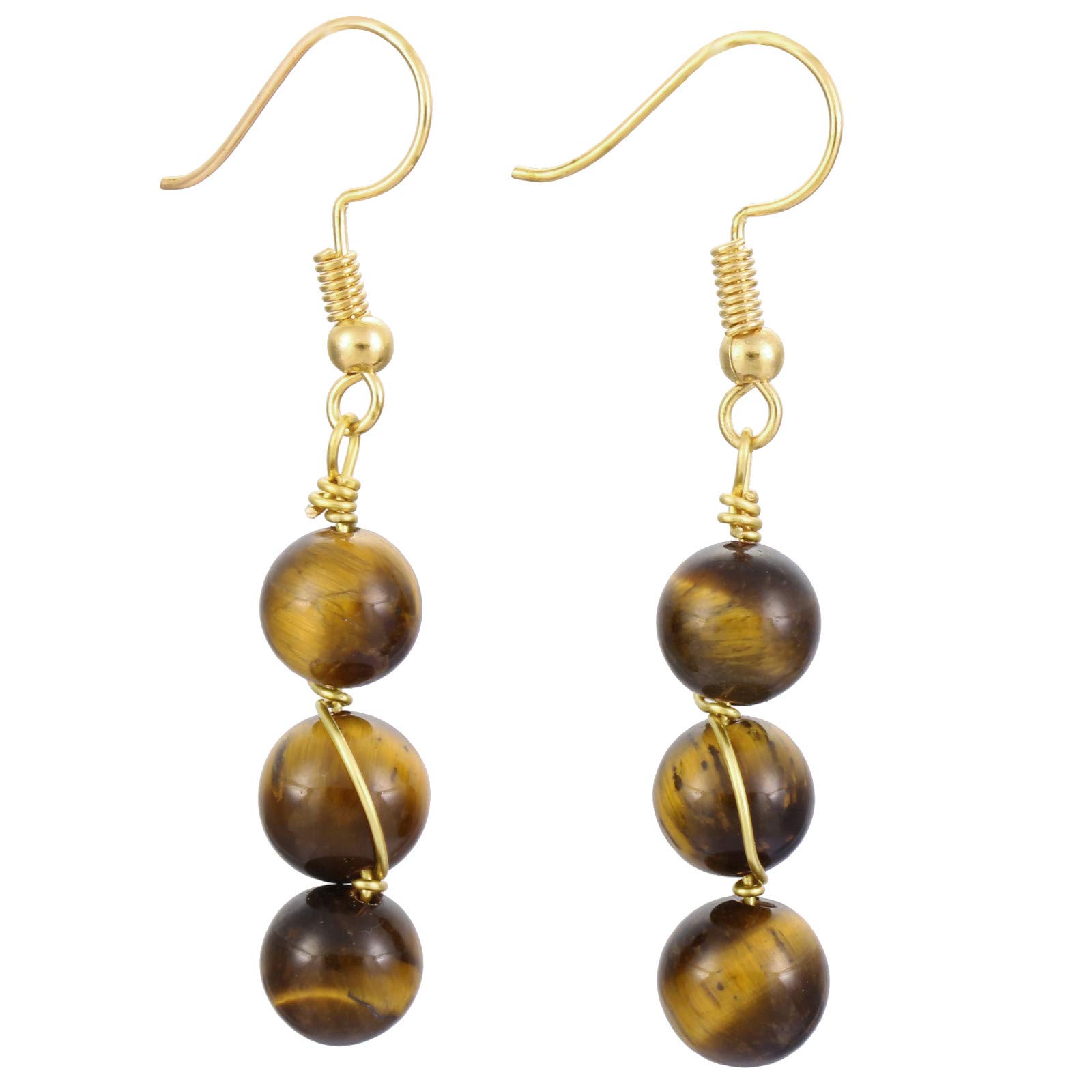 Nupuyai Tiger’s Eye 3 Beads Wire Wrap Vintage Drop Earrings for Women, Healing Crystal Stone Dangle Earrings for Wedding Party, 50mm