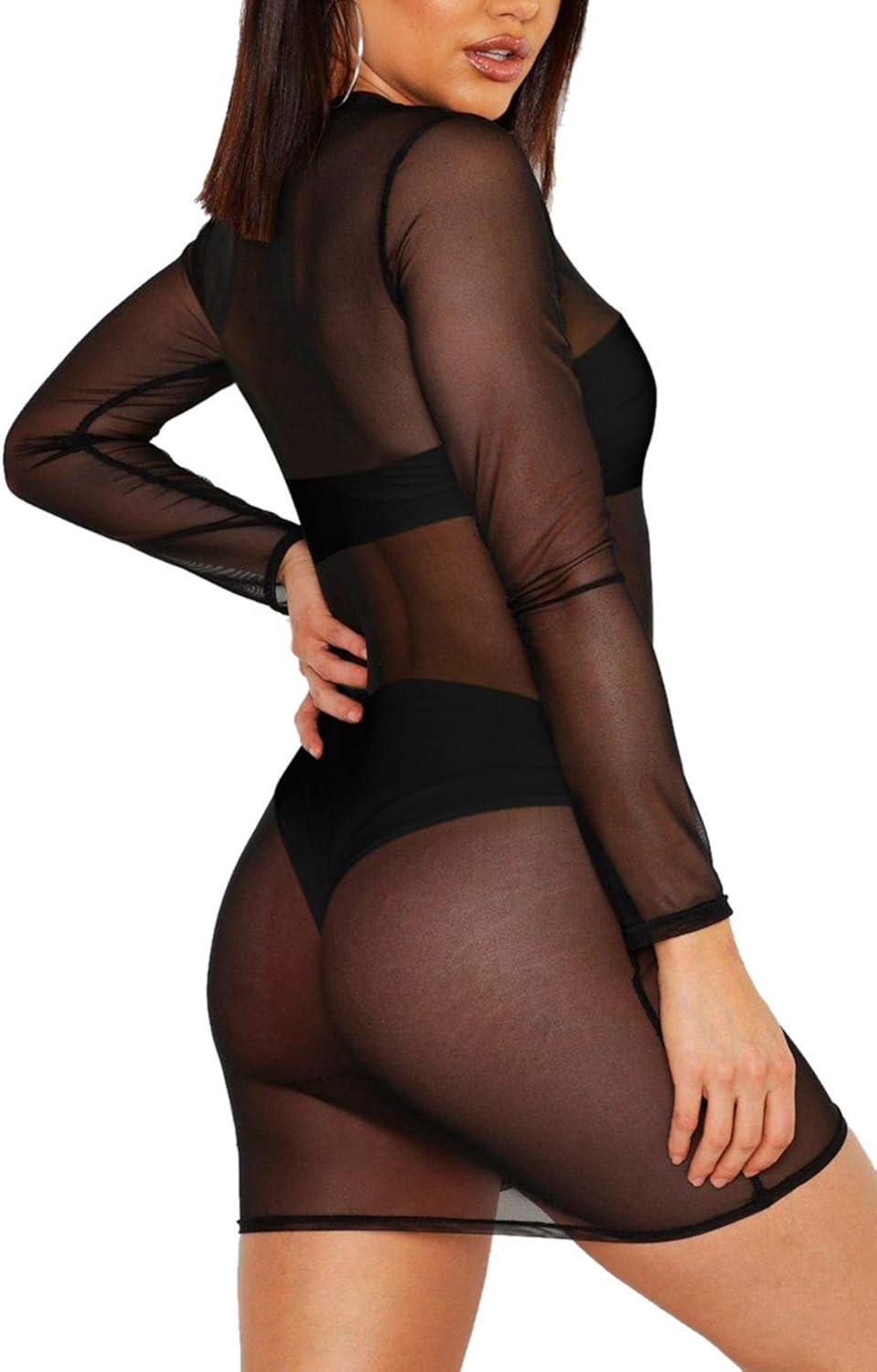 COCOLEGGINGS Women's Sheer Mesh Long Sleeve Beach Cover Up Dress at  Women’s Clothing store