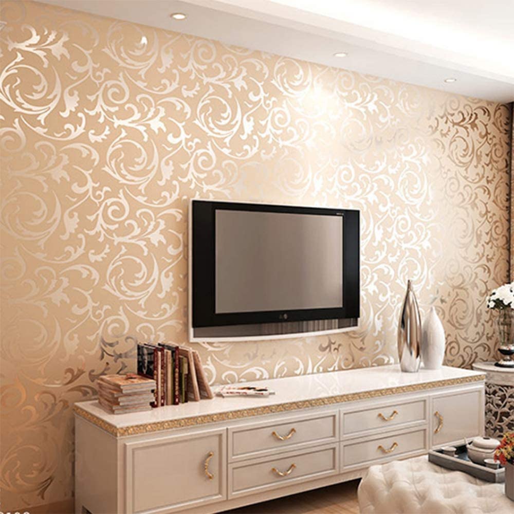 MEAIHOME Modern Victorian Damask Embossed Textured PVC Material Living Room/Bedroom Non-Pasted Gold Wallpaper Roll 1.73'W x 32.8'L