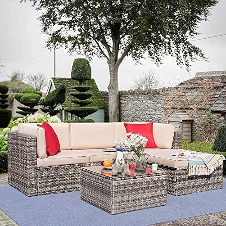 Amazon Com Tuoze 5 Pieces Patio Furniture Sectional Set Outdoor All Weather Pe Rattan Wicker Lawn Conversation Sets Cushioned Sofa Set With Glass Coffee Table Grey Garden Outdoor
