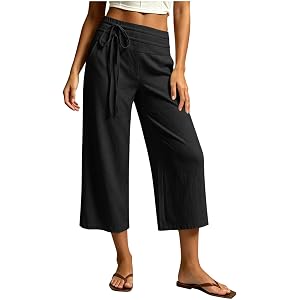 HYYGOCCTV Women's Summer Linen Cropped Wide Leg Capri Pants Front Tie Elastic Waist Capri Pants Palazzo Trousers