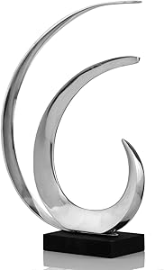 Modern Day Accents Oleada, Abstract, Sculpture, Aluminum, Silver, Black Base, Ocean Wave, Modern, Tabletop, Art, 12" x 4" x 18