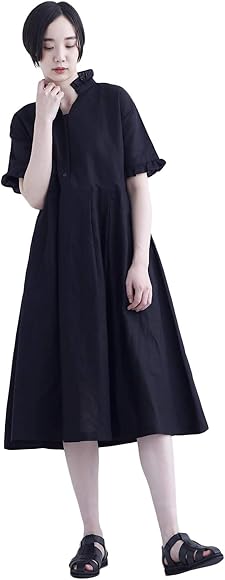 Amazon メルロー Merlot 綿麻フリルハイネックワンピース1446 Free ブラック ワンピース チュニック 通販