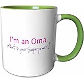 3dRose Im an Oma - Whats your Superpower - hot pink - funny gift for grandma 15oz Two-Tone Green Mug
