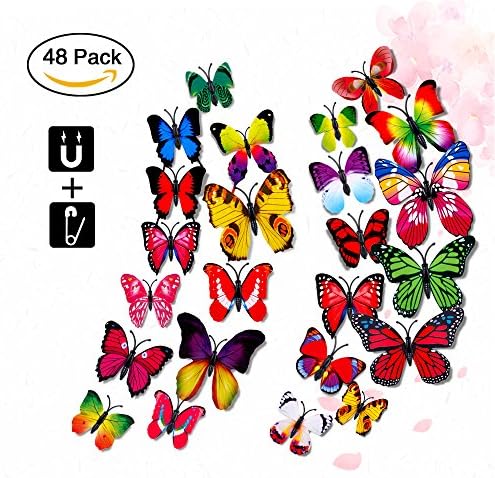 Rquite 3D Lifelike Butterfly Wall Stickers, 48PCS 3D Artificial waterproof Butterfly Decor Refrigerator Magnet Curtain Pin Wall Stickers Decals for Nursery Bathroom Office Kids Bedroom-Multi-color