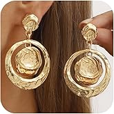 Large Chunky Gold Hammered Round Circle Disc Earrings for Women Vintage Statement Big Silver Hollow Coin Dangle Drop Earring Trendy Party Jewelry Gift