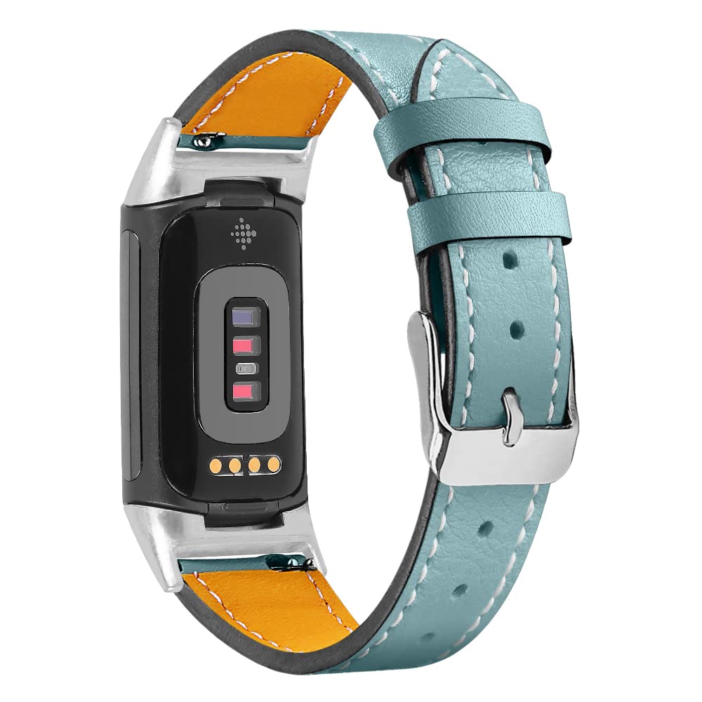AISPORTS Leather Strap Compatible with Fitbit Charge 6/5 Strap for Women Men, Soft Breathable Leather Sport Wristband Metal Classic Buckle Clasp Bracelet Replacement Band for Fitbit Charge 6/5
