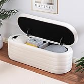 OuchTek Teddy Sherpa Storage Ottoman Bench, Modern Upholstered Window Bench with Safety Hinge Lid, Oval White Ottoman for Living Room, Bedroom End of Bed