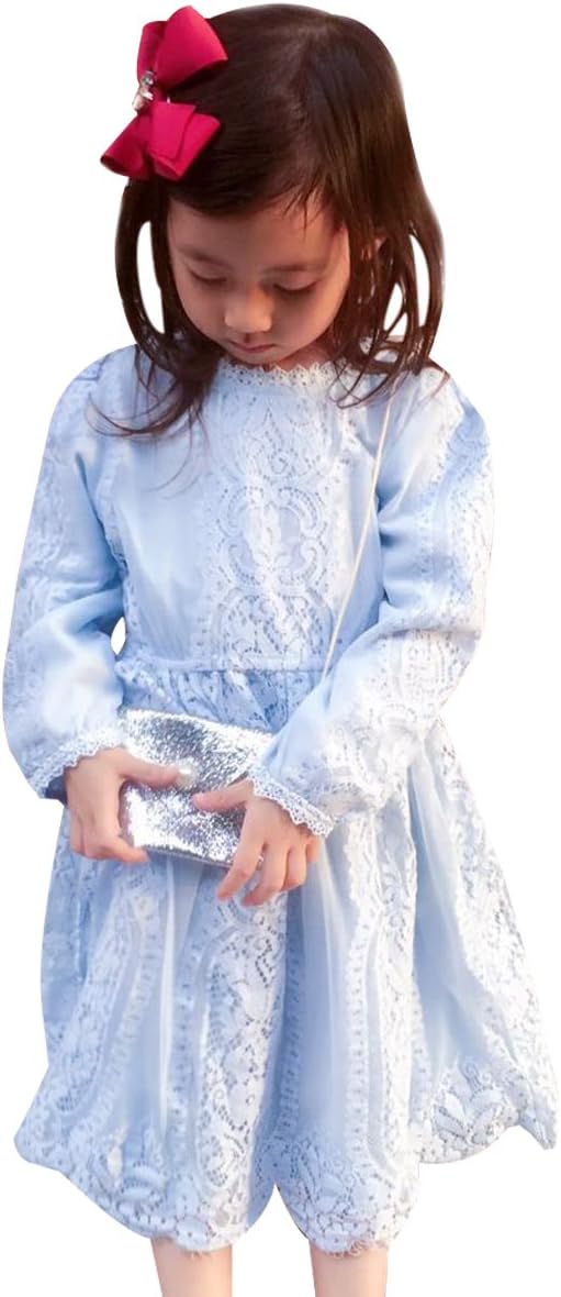 SailGoal Girls Sweet Princess Style Trumpet Sleeves Lace Mesh Dresses (5-6 Years, Light Blue)