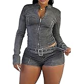 NATRUNSOO Denim Outfits for Women 2 Piece Casual Long Sleeve Zip Up Cropped Jacket Skinny Jean Shorts Set with Belt