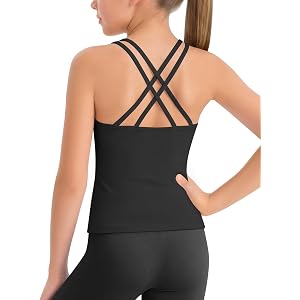 Haloumoning Girls Tank Tops Athletic Crisscross Back Sleeveless Camisole | Kids Active Running Workout Gym Yoga Dance Crop To