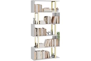 Gadroad 5 Tier Geometric Bookcase,S Shaped Bookshelf, Wood Decorative Storage Shelving, Modern Freestanding Display Shelves, Tall Book Shelf Unit for Living Room Bedroom, Gold