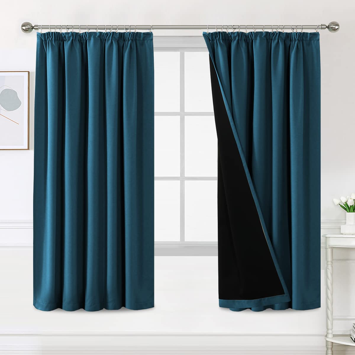 BellaHills 100% Blackout Curtains for Bedroom Thermal Insulated Curtains & Drapes Blackout Curtains Pencil Pleat Curtains for Living Room with Black Liner 2 Panels, 66 x 72 Inch, Dark Teal