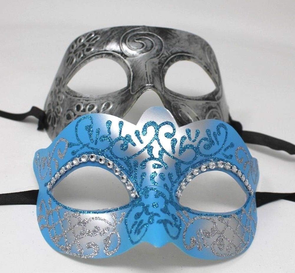 HIS N HERS PAIR OF CO-ORDINATED SILVER & TURQUOISE COUPLES VENETIAN MASQUERADE CARNIVAL PARTY BALL EYE MASKS - Image 4