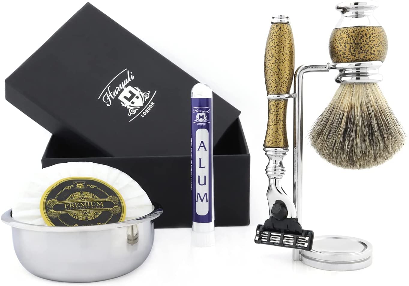 Haryali London Shaving Kit - 6pcs Gold Antique - Shaving Set - Badger Shaving Brush - 3 Edge Shaving Blade Shaving Razor - Shaving Stand - Shaving Soap - Shaving Bowl - Alum Stick